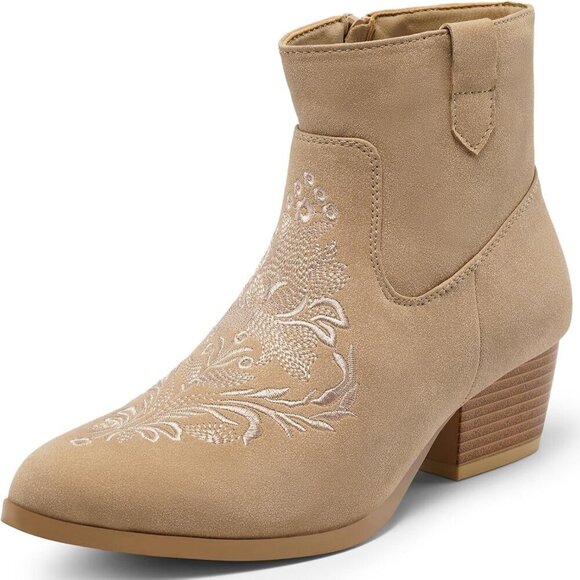 Shoes - Women's Tan Classic Ankle Boots Low Block Heels Suede Chunky Fashion Booties